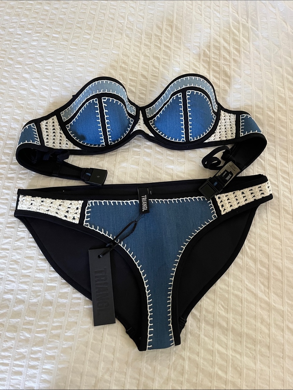 triangl swimwear Blue and White Crochet-Trim Bikini Set